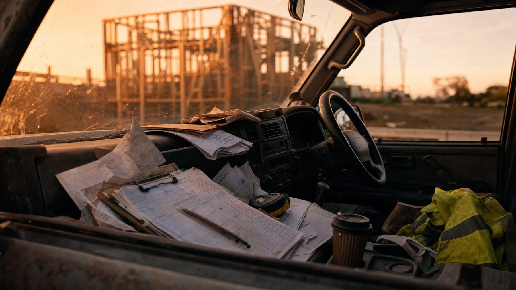 A ute dashboard buried in supplier dockets and invoices at dusk on a building site.